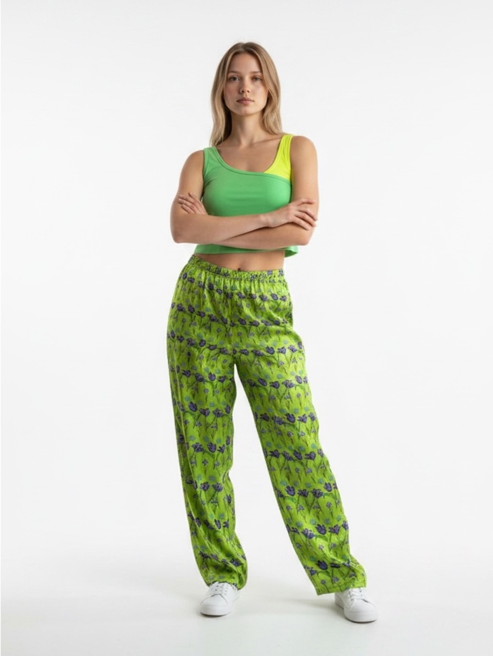 Vintage Lime Green Slacks with Purple Floral Print Bundle With Tops
